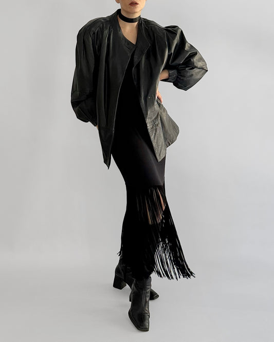 80s Black Puff Sleeve Sheep Leather Jacket
