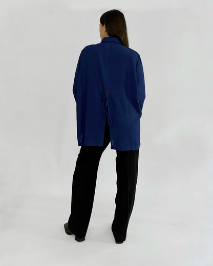 80s Royal Blue Button-Up Shirt with Back Tie