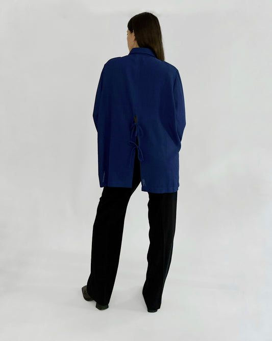 80s Royal Blue Button-Up Shirt with Back Tie