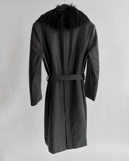 2000s Black Faux Leather Coat with Detachable Faux Fur Collar