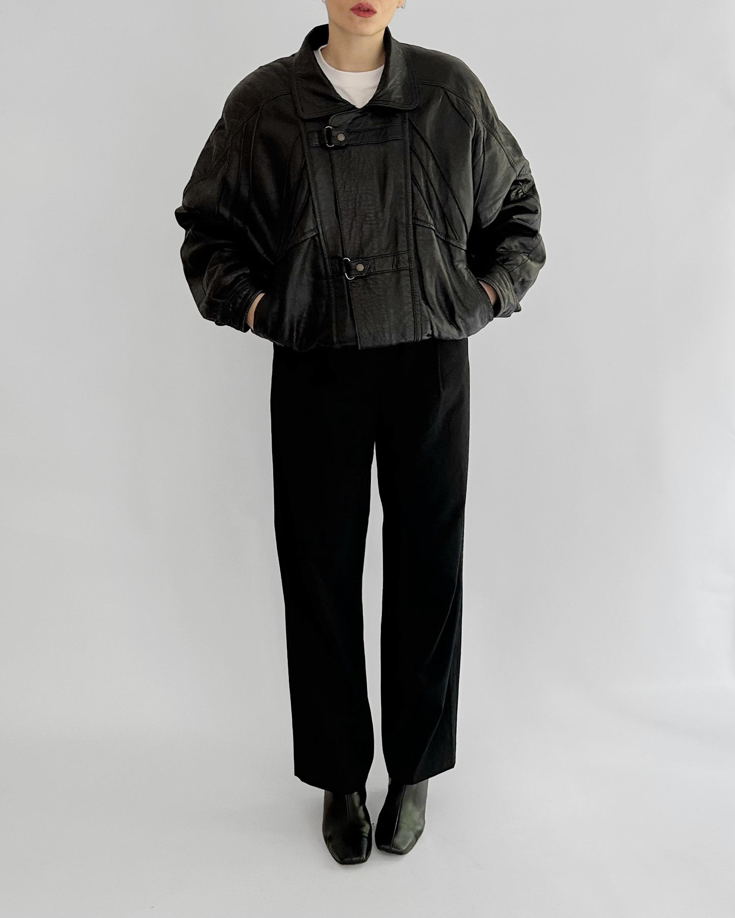 80s Black Leather Bomber Jacket