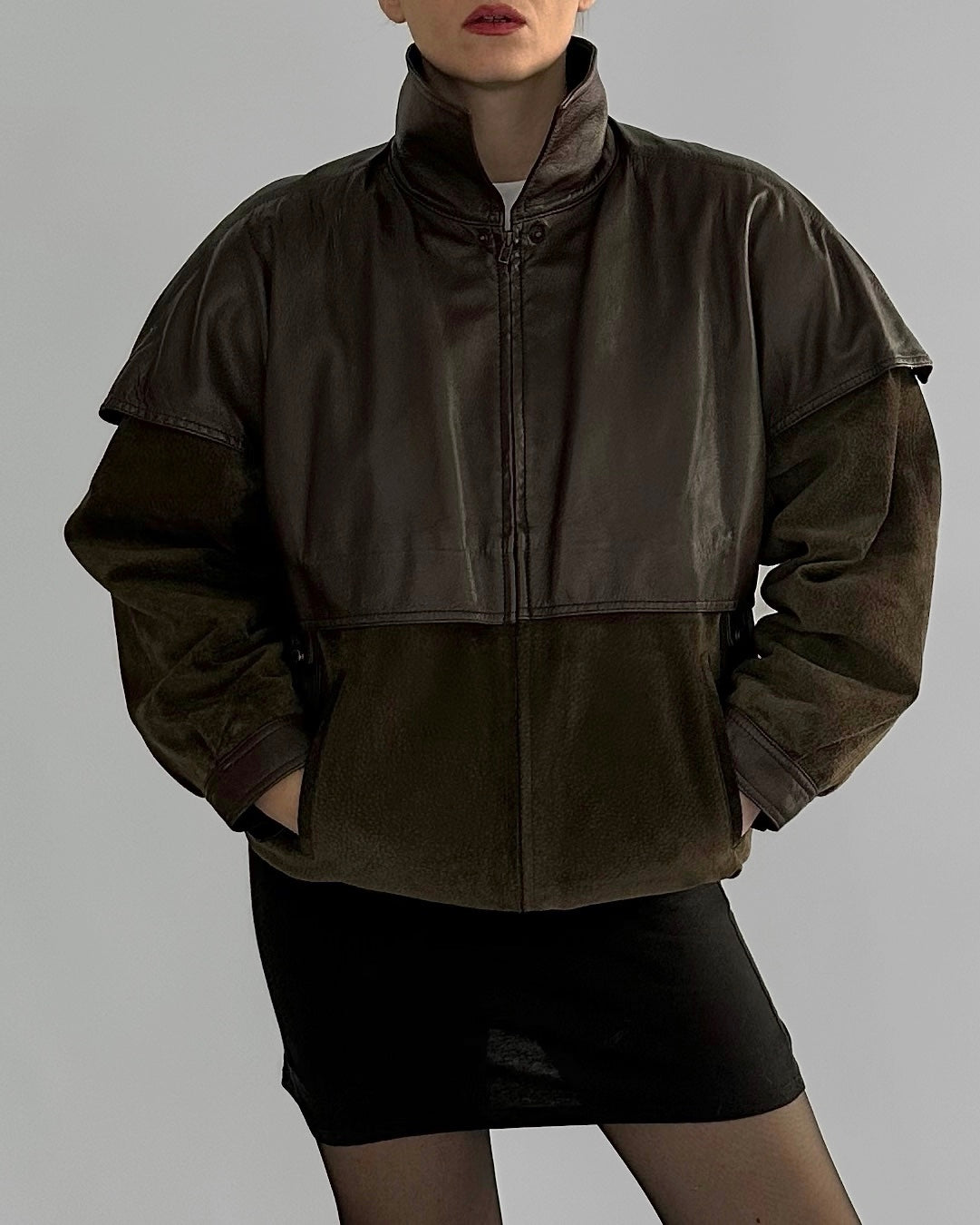 80s Brown Green Sheepskin Suede Leather Jacket