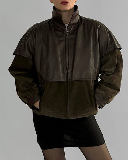 80s Brown Green Sheepskin Suede Leather Jacket