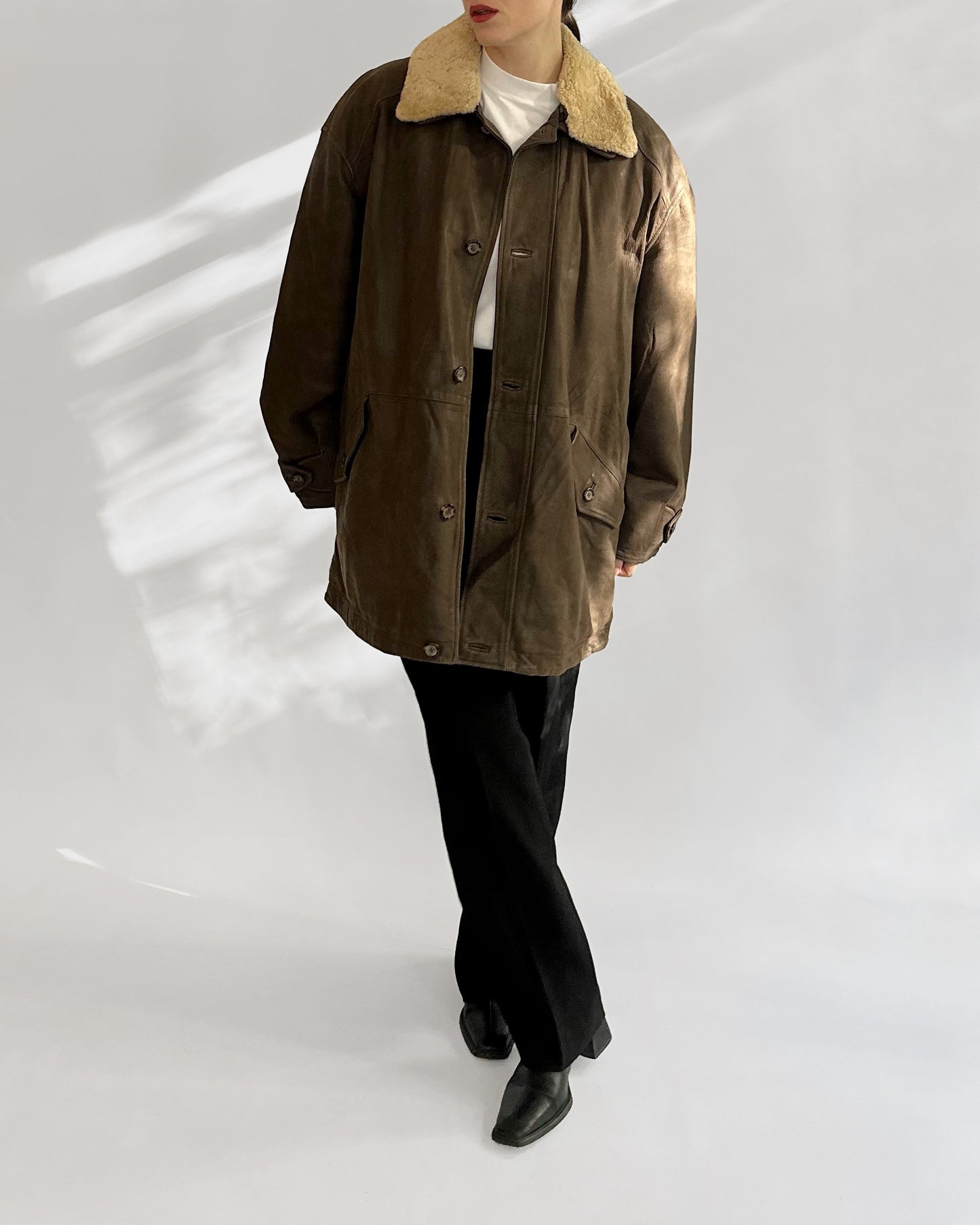 80s Brown Leather Jacket w/ Faux Shearling Collar