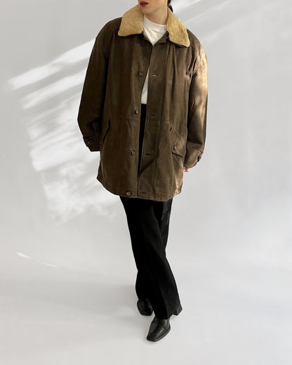 80s Brown Leather Jacket w/ Faux Shearling Collar