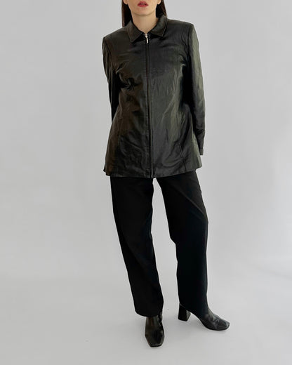 90s Black Sheepskin Zip-Up Leather Jacket