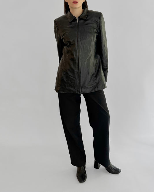 90s Black Sheepskin Zip-Up Leather Jacket