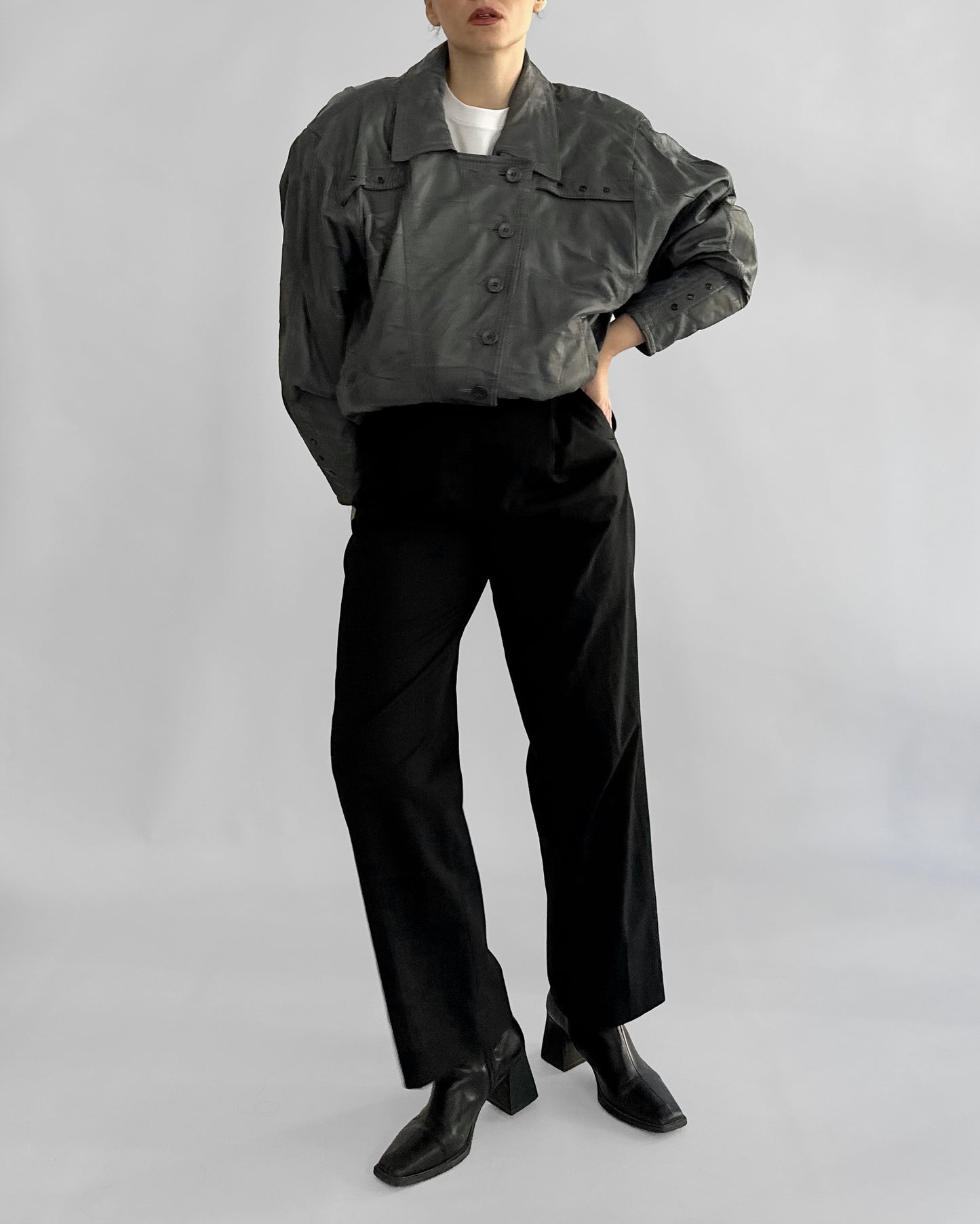 80s Grey Patchwork Leather Bomber Jacket