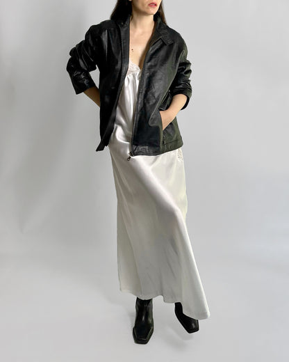 90s Black Leather Jacket – Minimalist Boxy Fit Moto Style