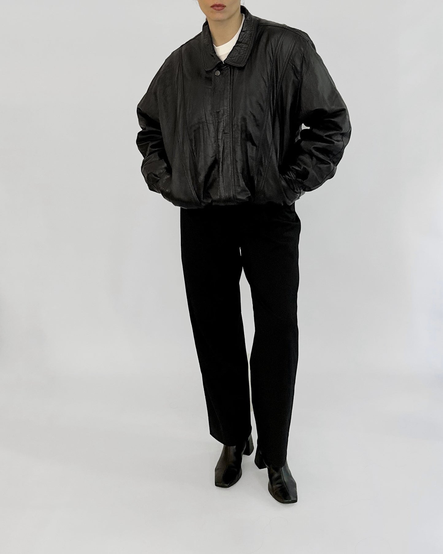 80s Black Leather Bomber Jacket