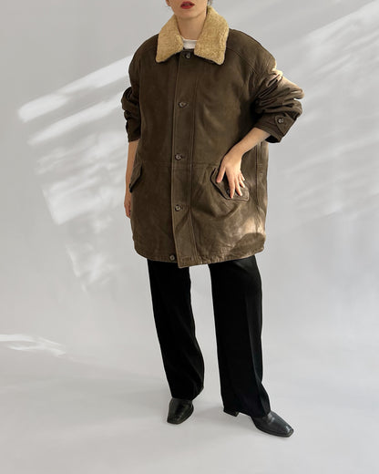 80s Brown Leather Jacket w/ Faux Shearling Collar
