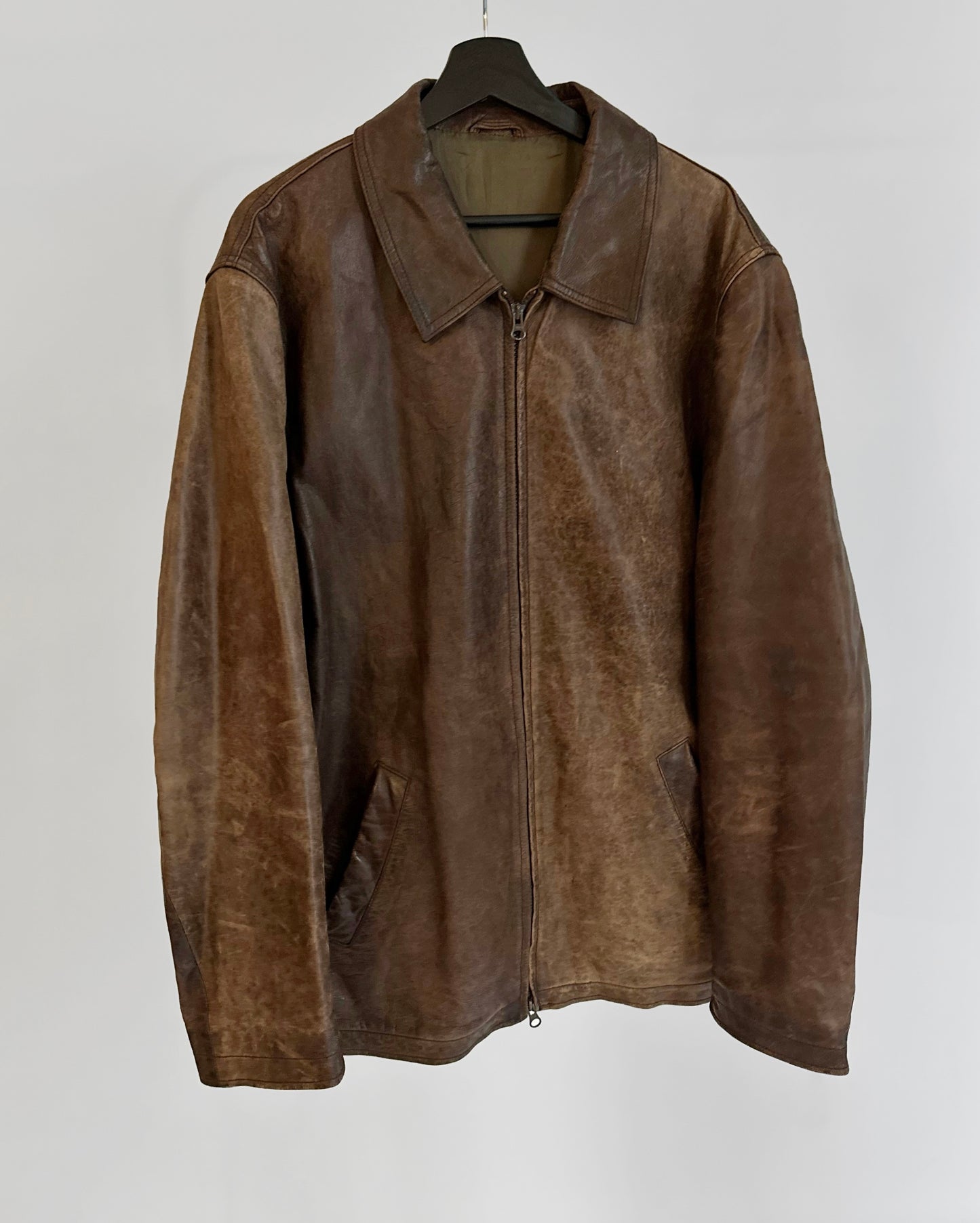 Y2K Distressed Brown Leather Zip-Up Jacket
