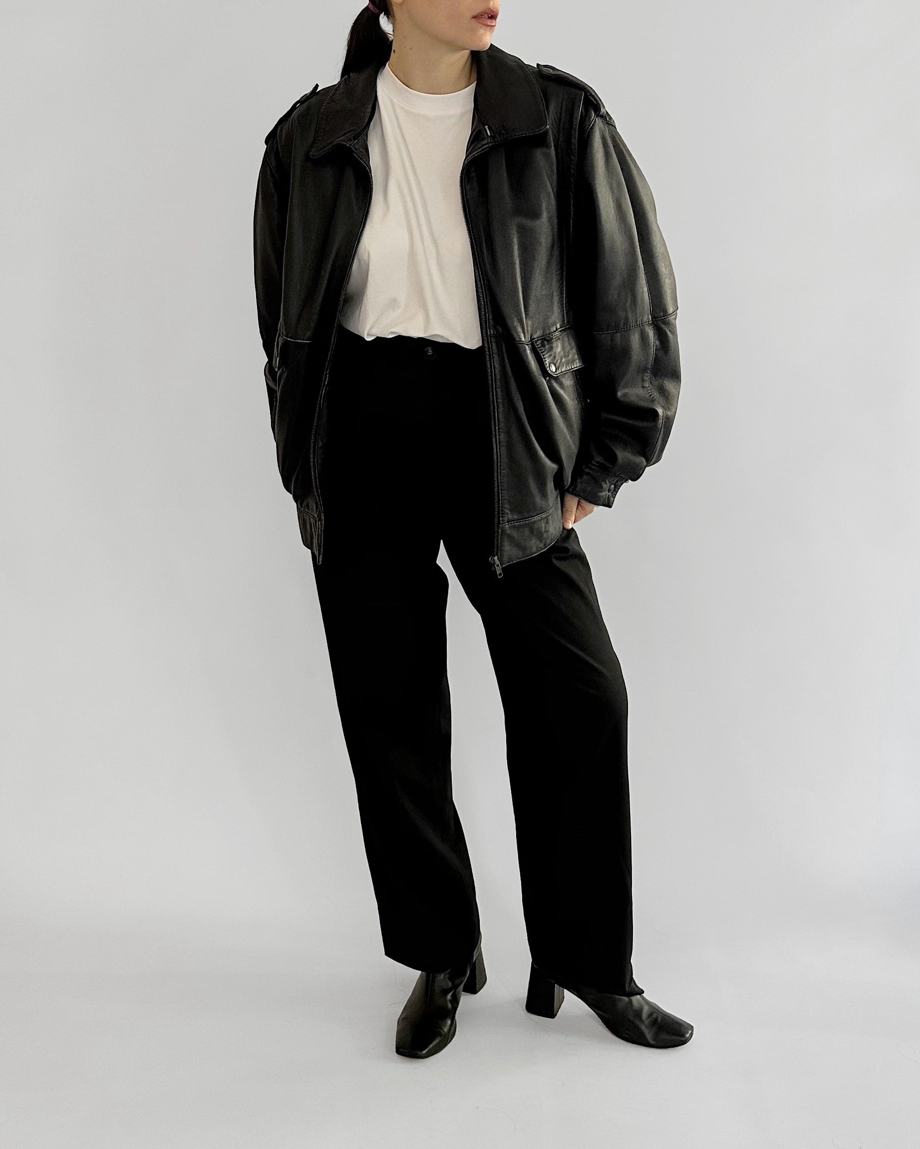 80s Black Lamb Leather Bomber Jacket – Made in Spain – Alba