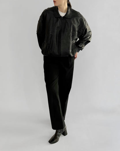 80s Black Sheepskin Leather Bomber Jacket