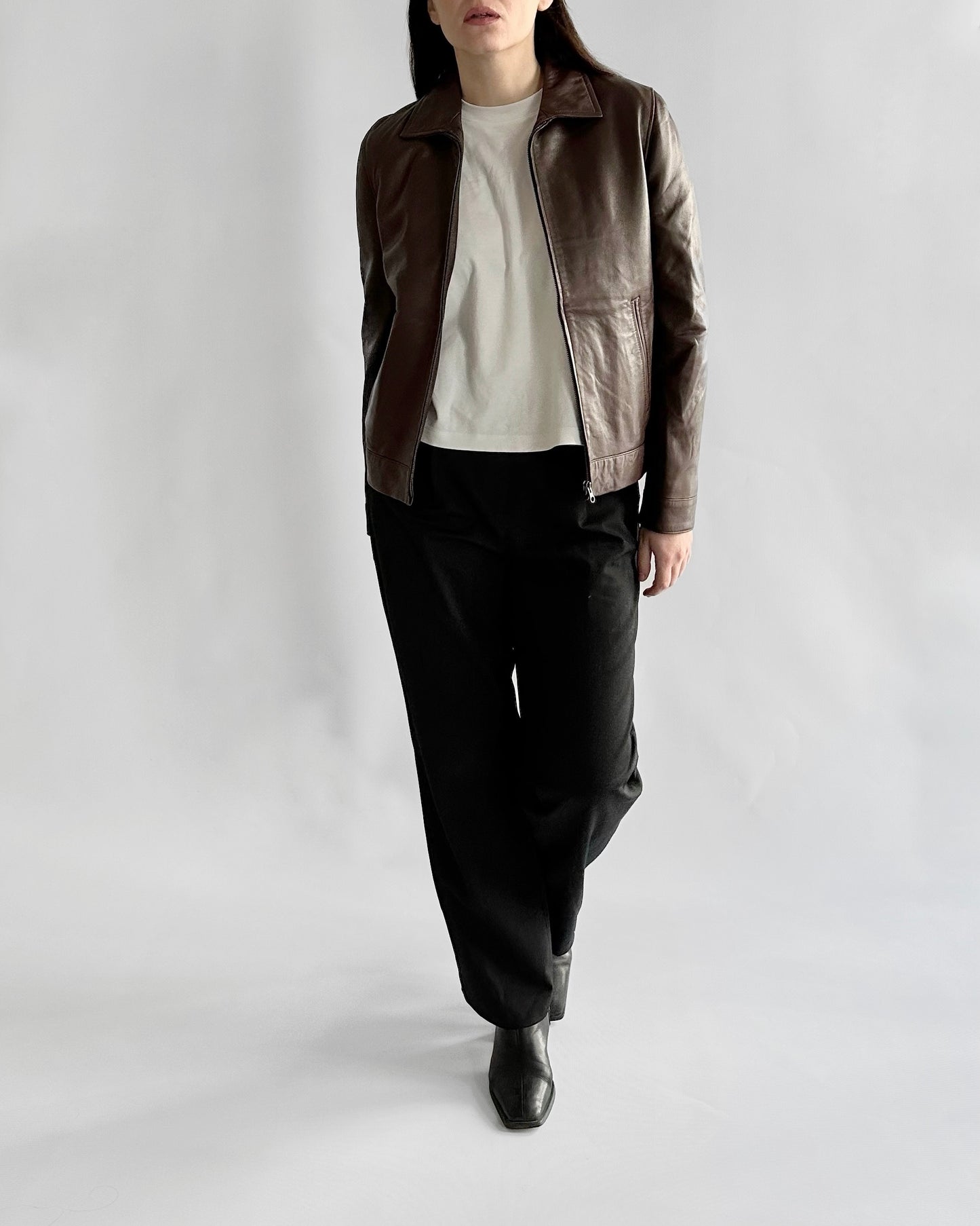 90s Chocolate Brown Leather Zip Jacket