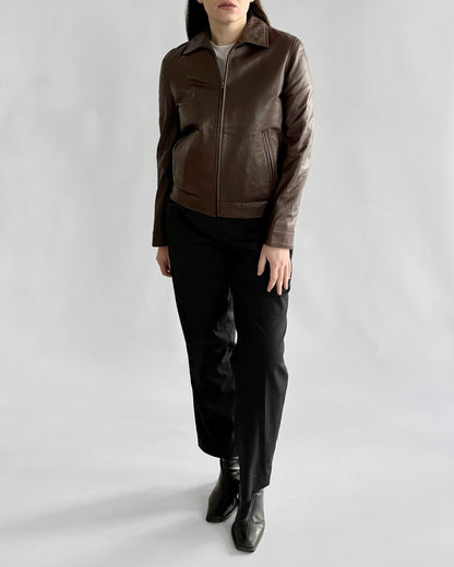 90s Chocolate Brown Leather Zip Jacket