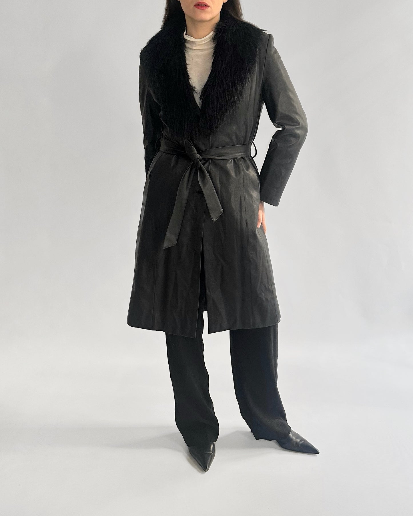 2000s Black Faux Leather Coat with Detachable Faux Fur Collar