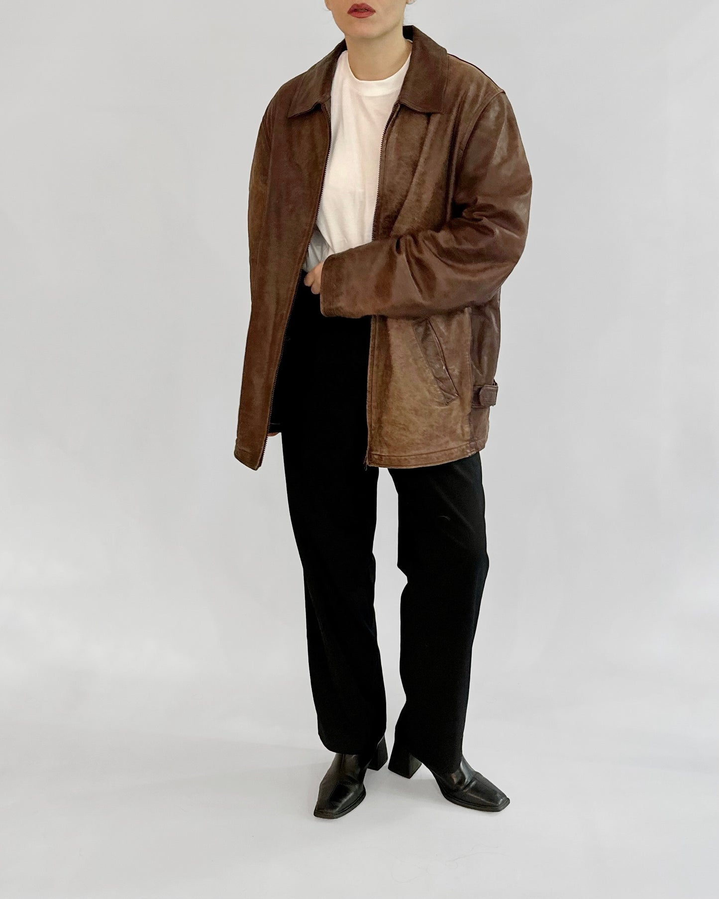 Y2K Distressed Brown Leather Zip-Up Jacket
