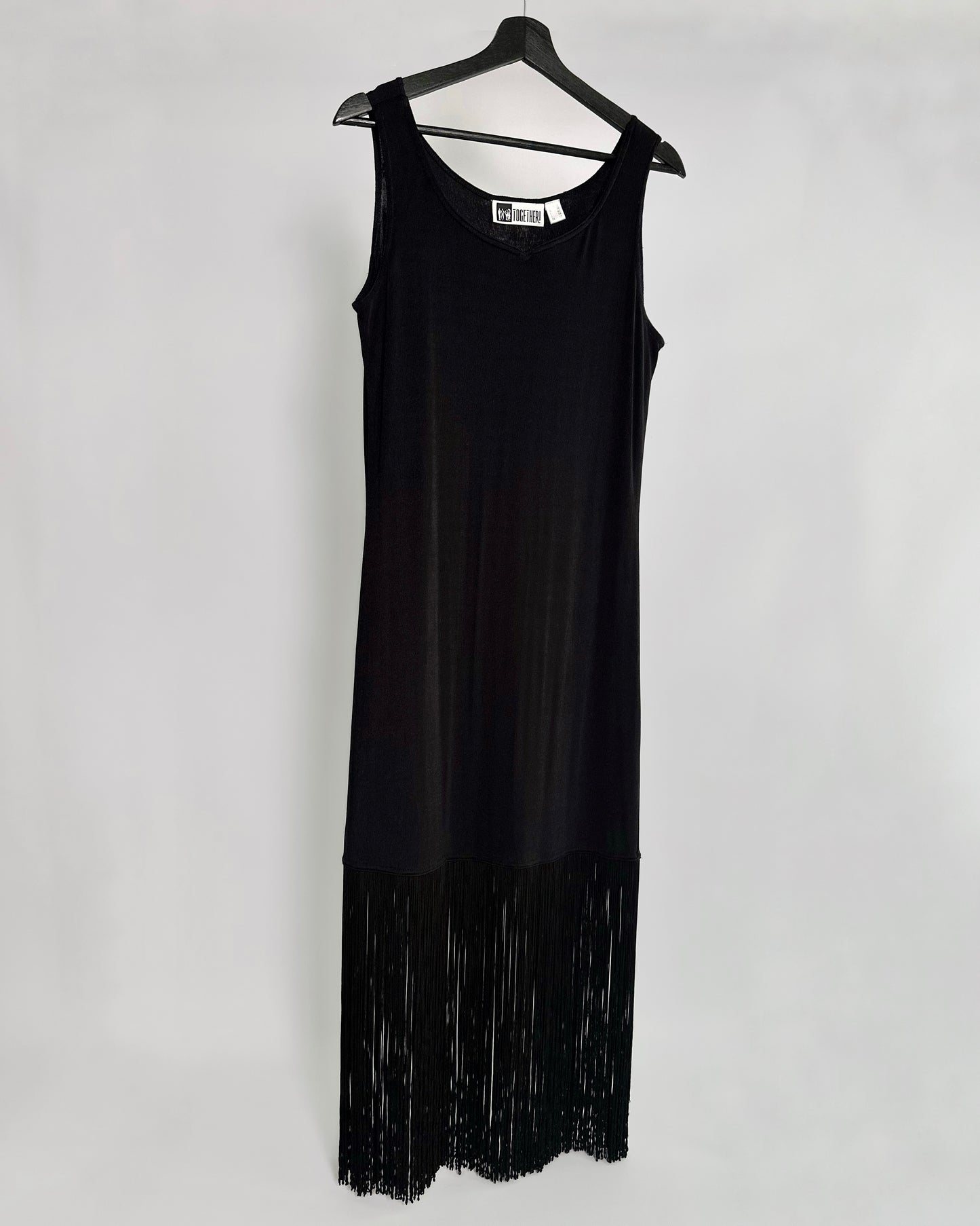 90s Black Fringe Hem Maxi Dress