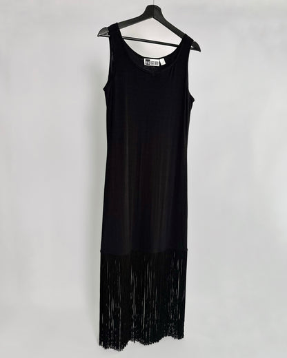 90s Black Fringe Hem Maxi Dress
