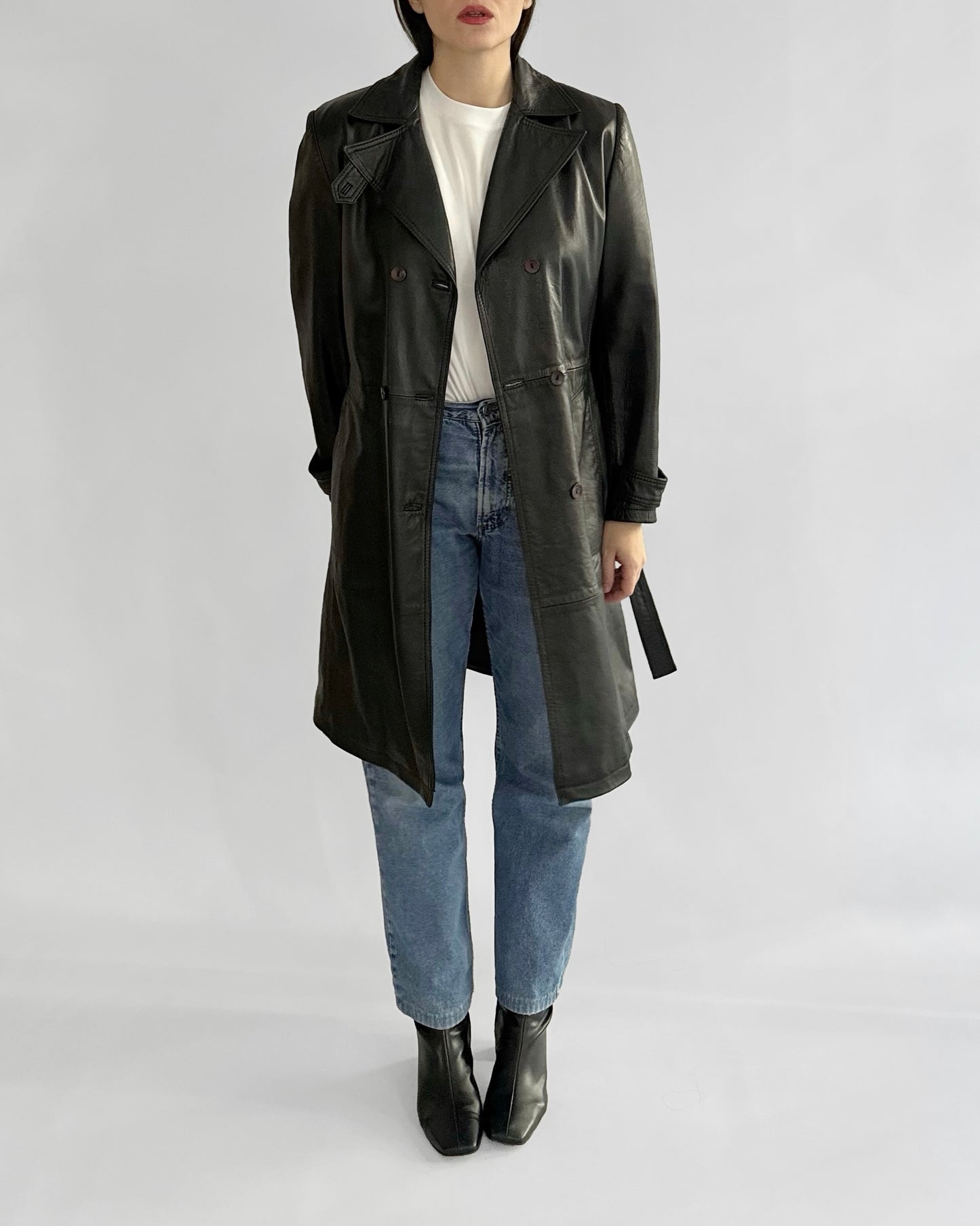 90s Black Nappa Leather Trench Coat