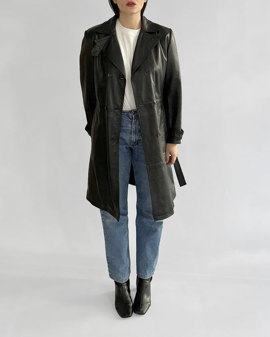 90s Black Nappa Leather Trench Coat