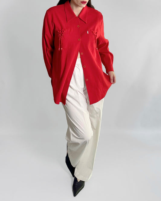 70s Textured Red Oversized Shirt