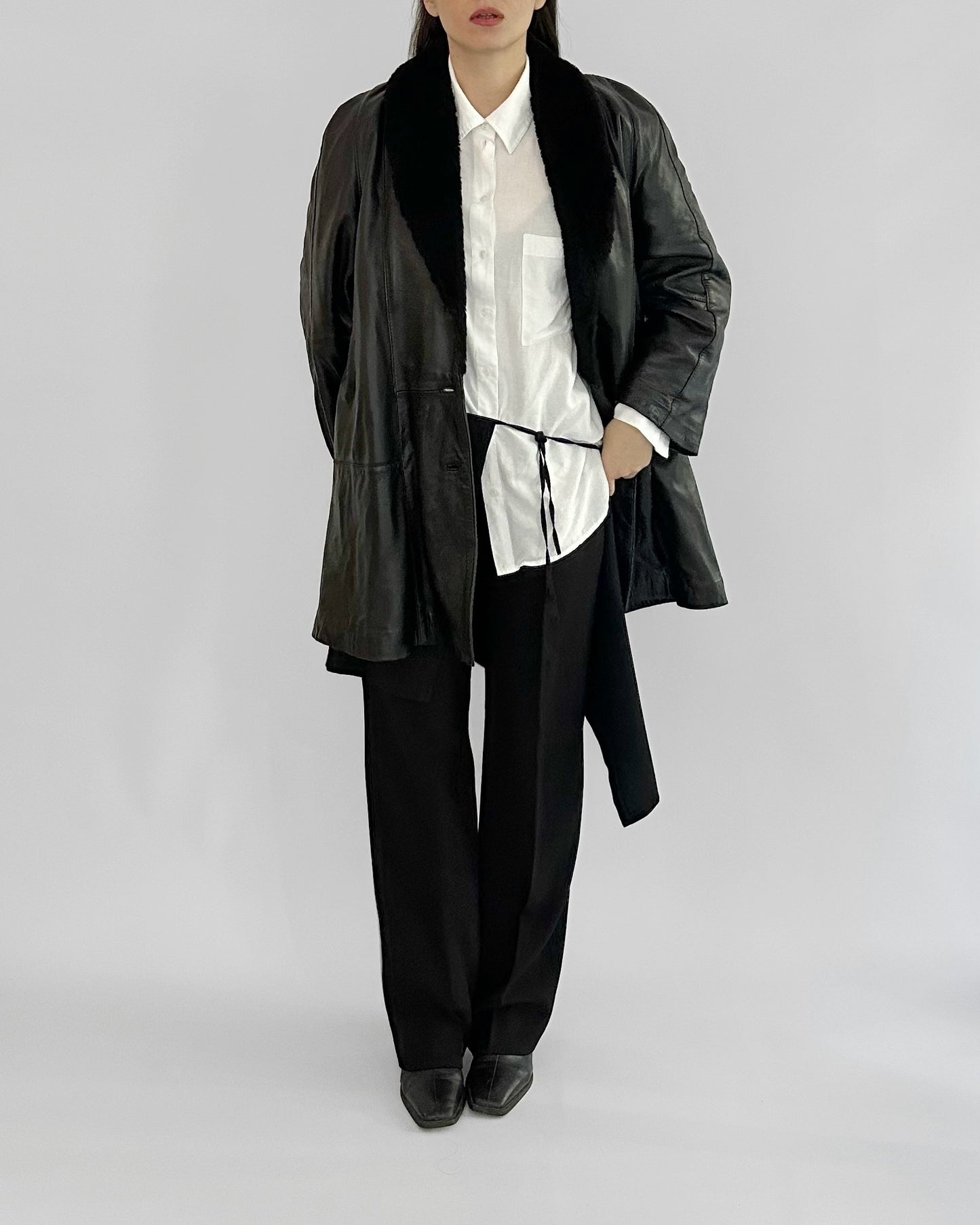 80s Black Leather Coat with Faux Fur Shawl Collar