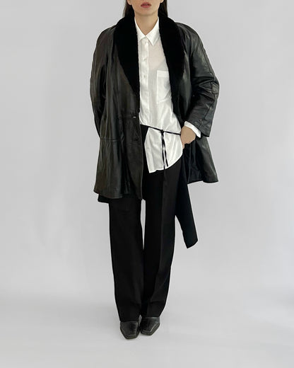 80s Black Leather Coat with Faux Fur Shawl Collar