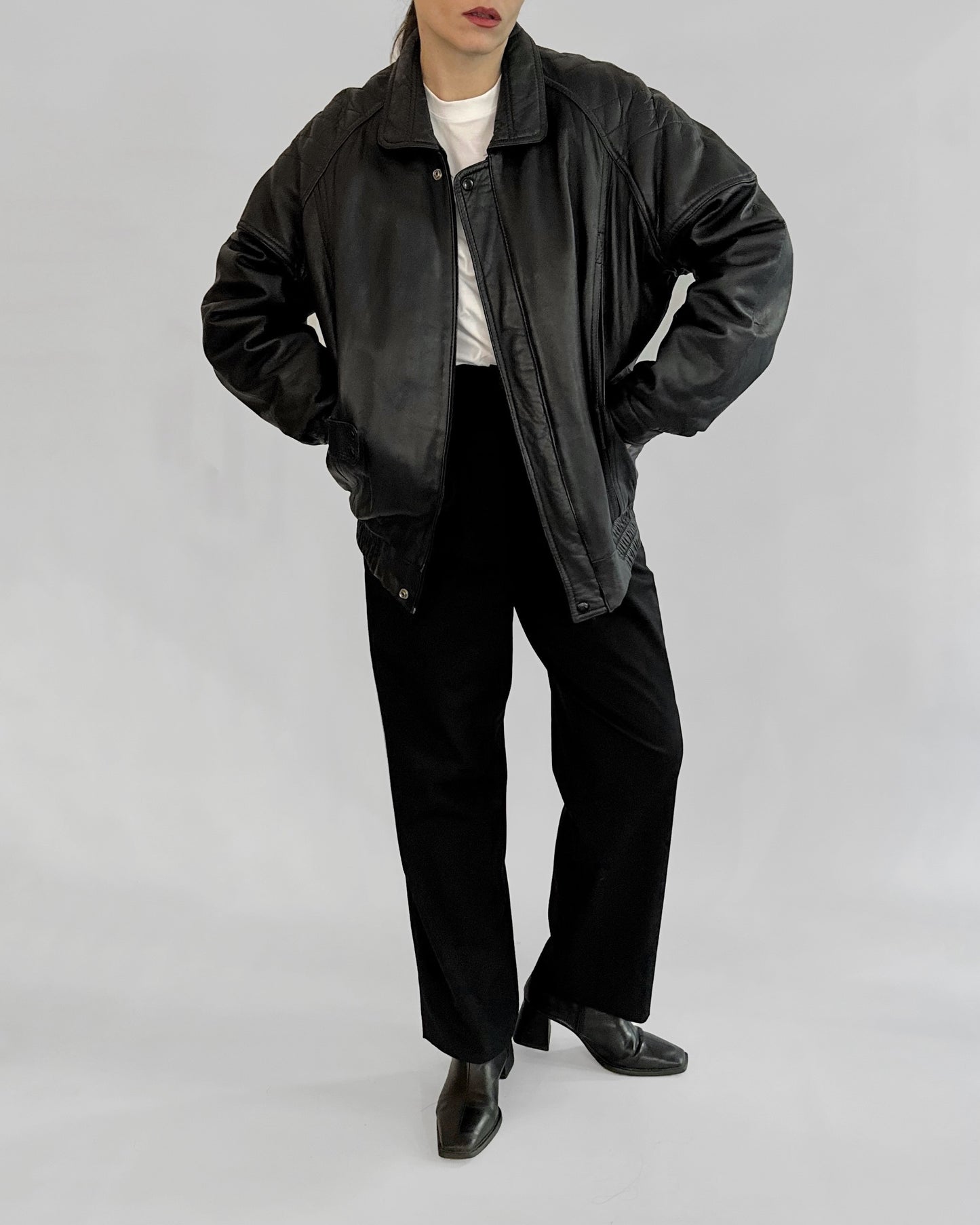 80s Black Leather Bomber Jacket