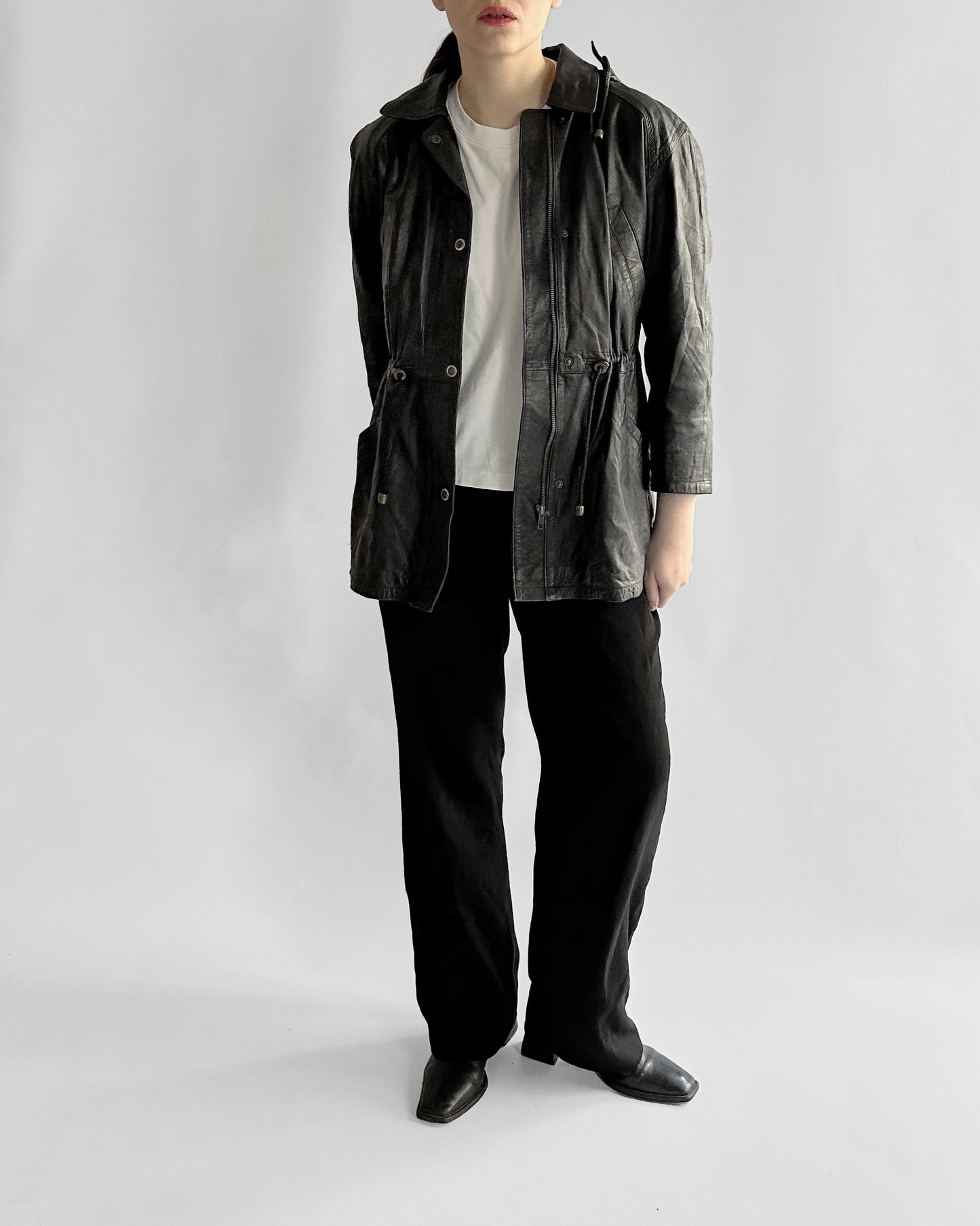 1990s Italian Black Leather Hooded Jacket