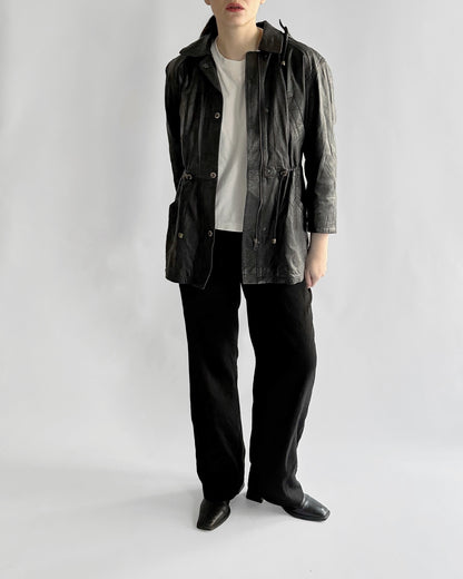1990s Italian Black Leather Hooded Jacket