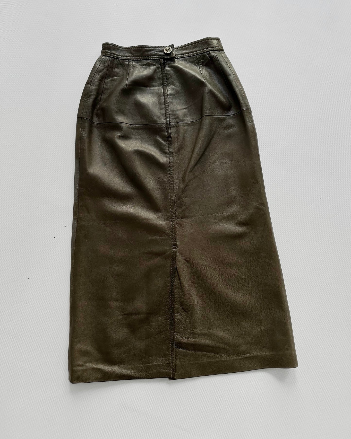 Vintage 1980s Loewe Olive Green Leather Midi Skirt