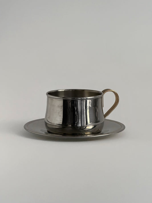 Vintage 1970s Stainless Steel Italian Espresso Cups & Saucers – Set of 2 (3 Sets Available)
