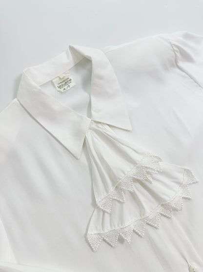 80s White Viscose Tie-Neck Blouse