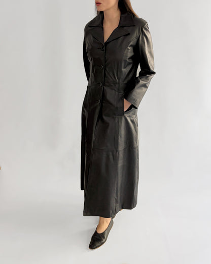 Vintage 1990s Black Italian Goatskin Leather Maxi Coat