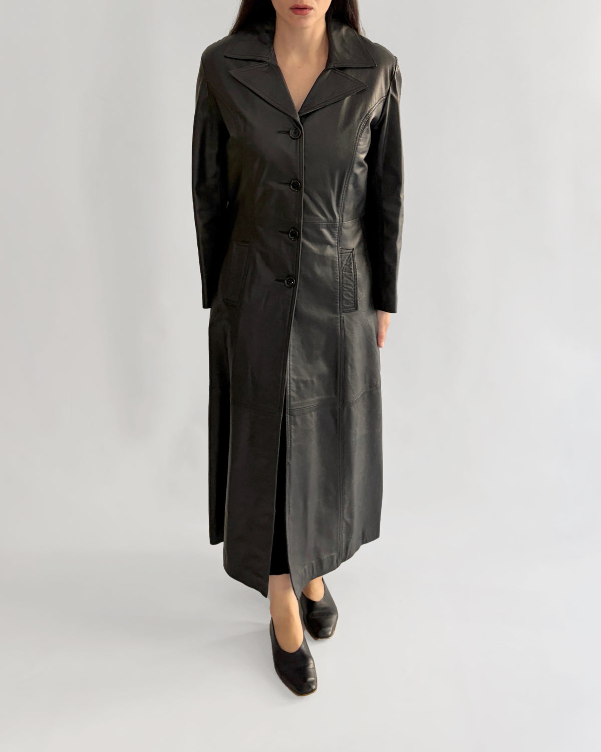 Vintage 1990s Black Italian Goatskin Leather Maxi Coat
