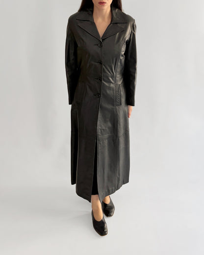 Vintage 1990s Black Italian Goatskin Leather Maxi Coat