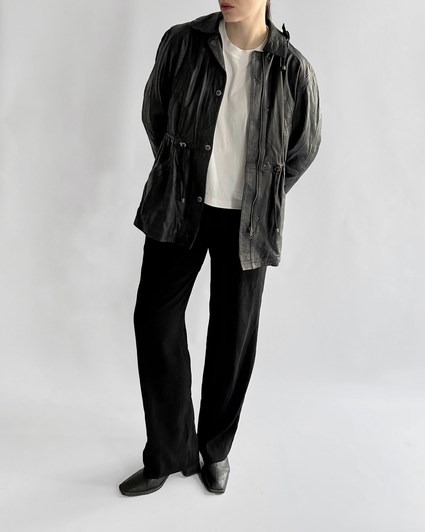 1990s Italian Black Leather Hooded Jacket