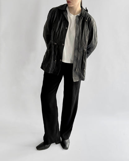 1990s Italian Black Leather Hooded Jacket