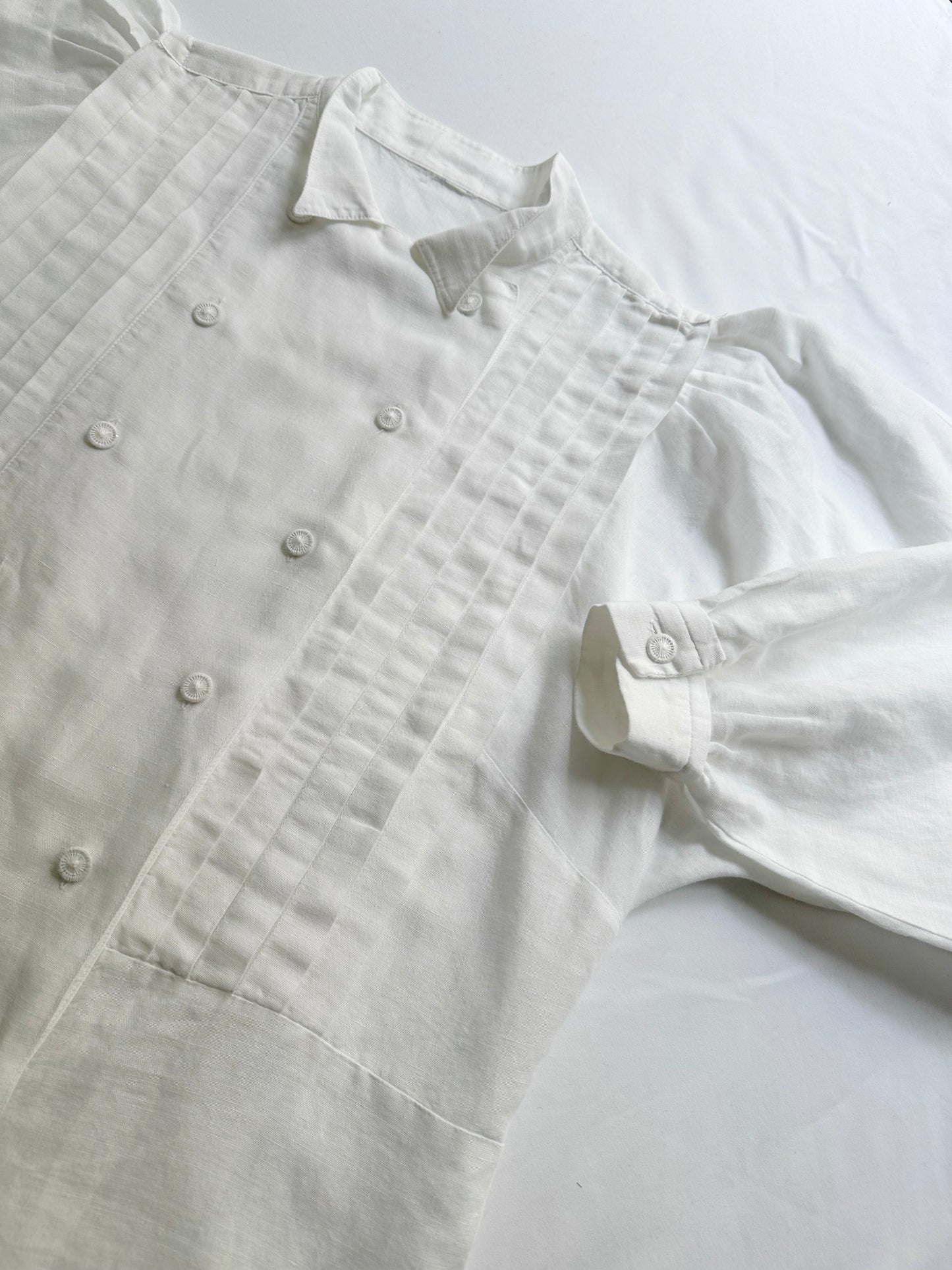 80s White Cotton Linen Pleated Blouse