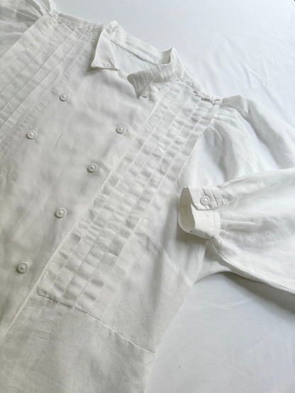 80s White Cotton Linen Pleated Blouse