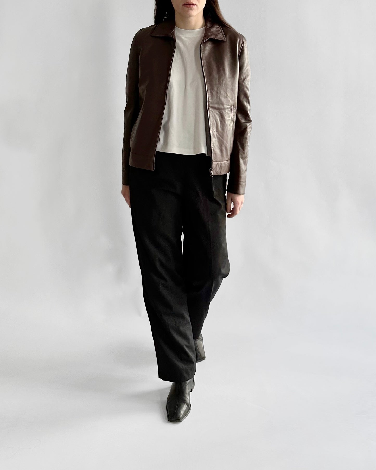 90s Chocolate Brown Leather Zip Jacket
