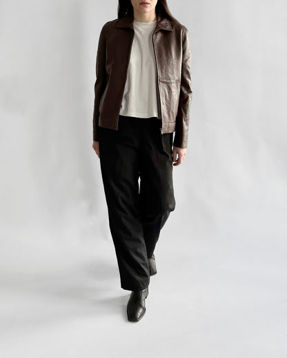 90s Chocolate Brown Leather Zip Jacket