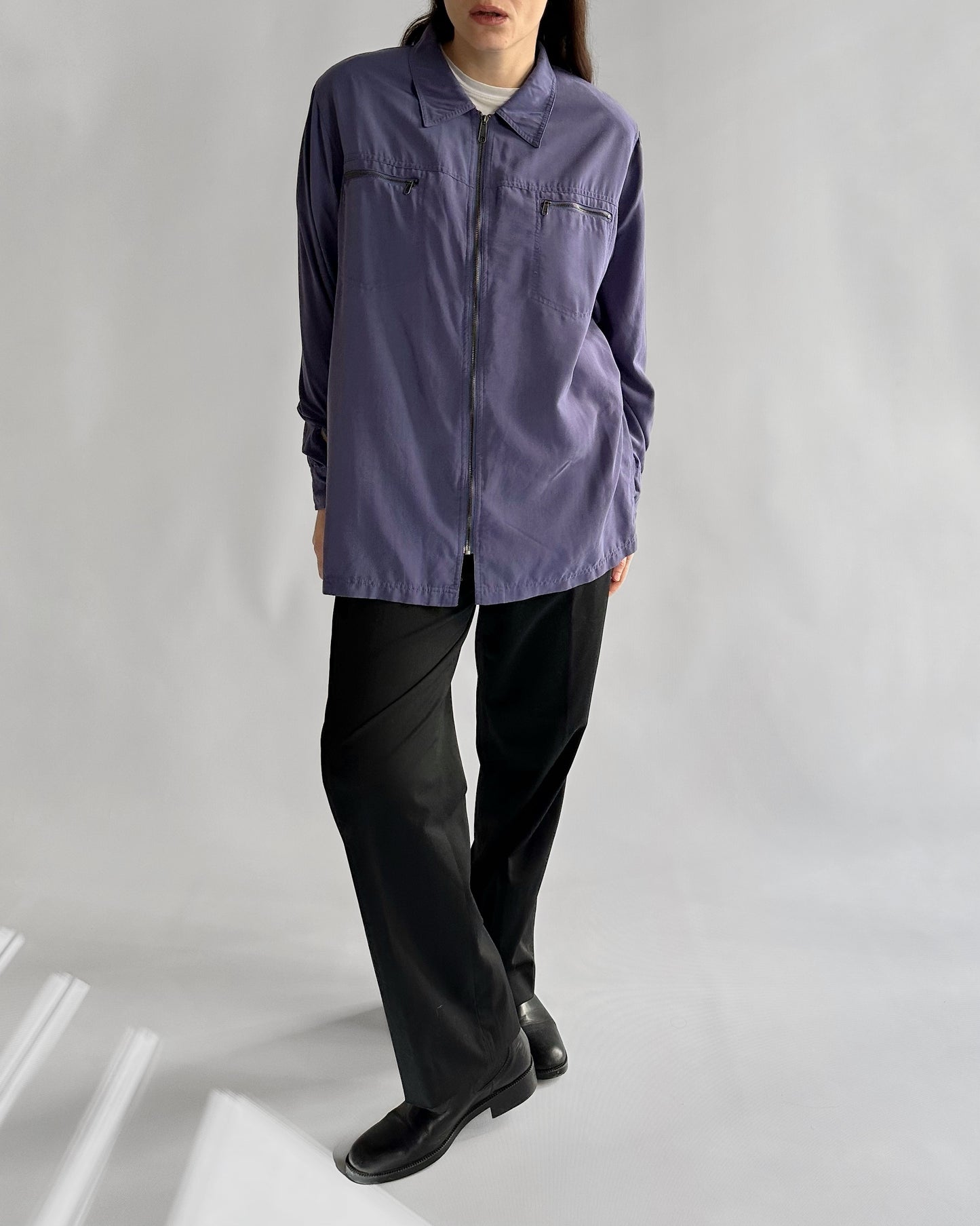 90s Silk Effect Zip-Up Shirt Jacket