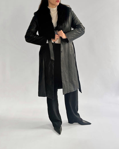 2000s Black Faux Leather Coat with Detachable Faux Fur Collar