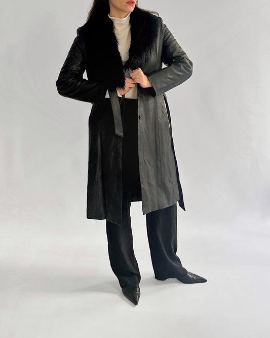 2000s Black Faux Leather Coat with Detachable Faux Fur Collar