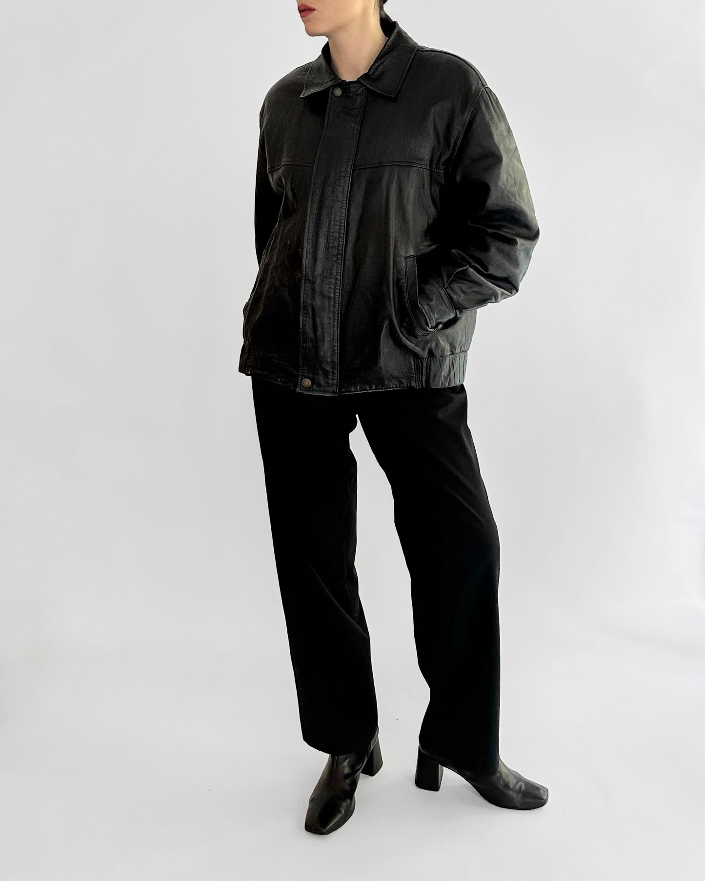 80s Black Leather Bomber Jacket