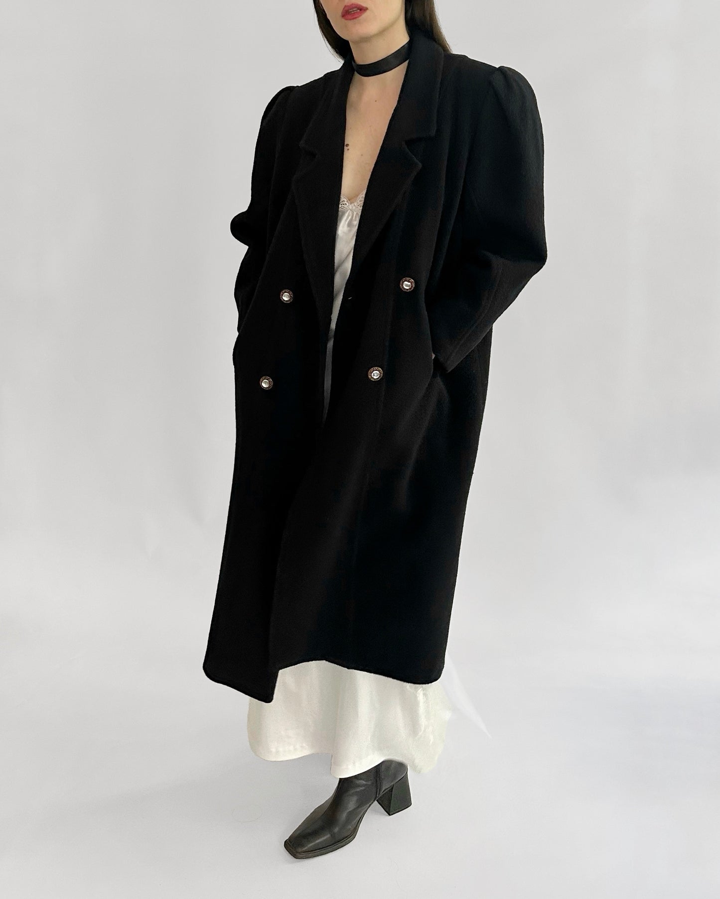90s Black Coat with Jewel Buttons