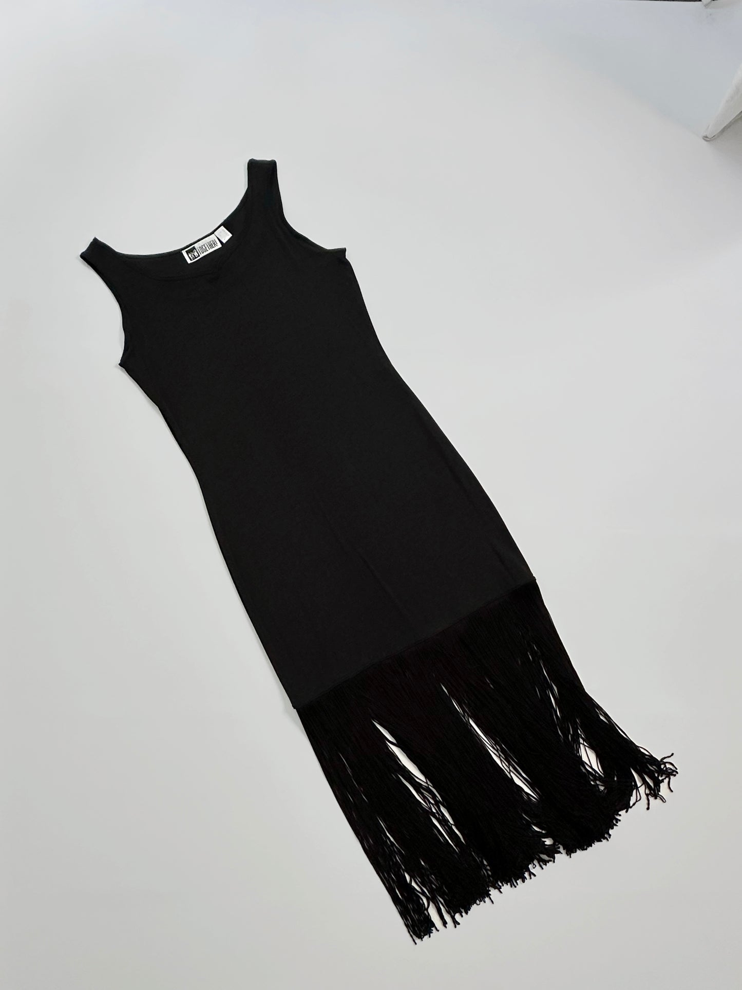 90s Black Fringe Hem Maxi Dress